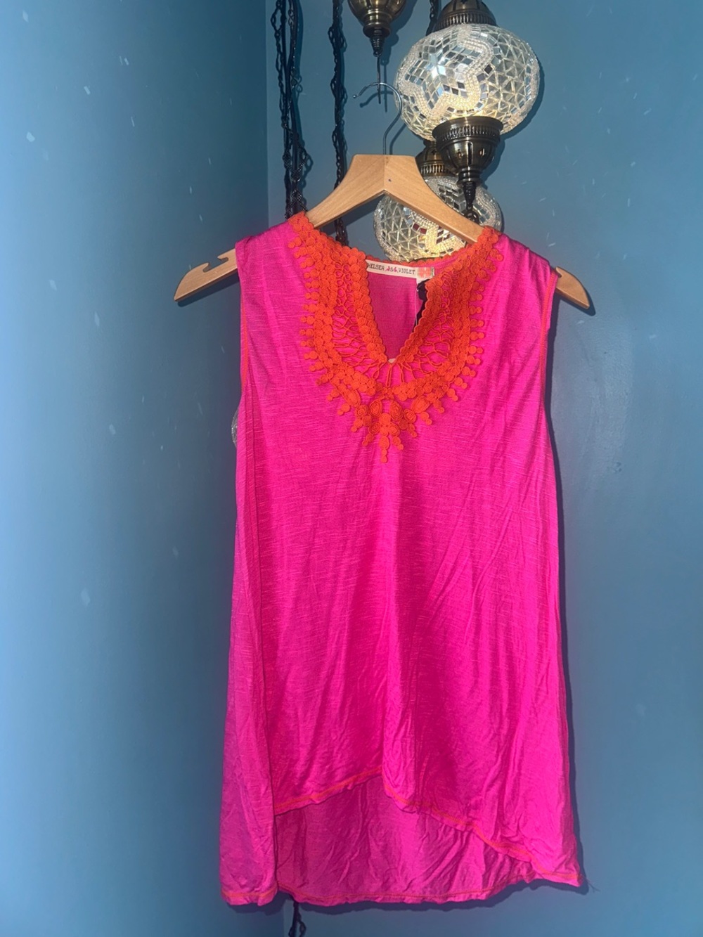 Chelsea & Violet Hot Pink Sleeveless Tunic with Orange Embroidered V-Neck